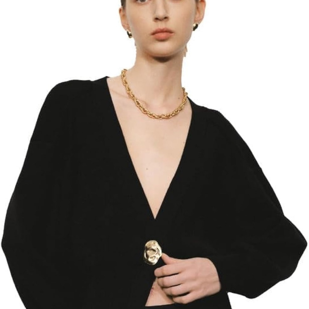 Chic Black V-Neck Cardigan with Gold Accent